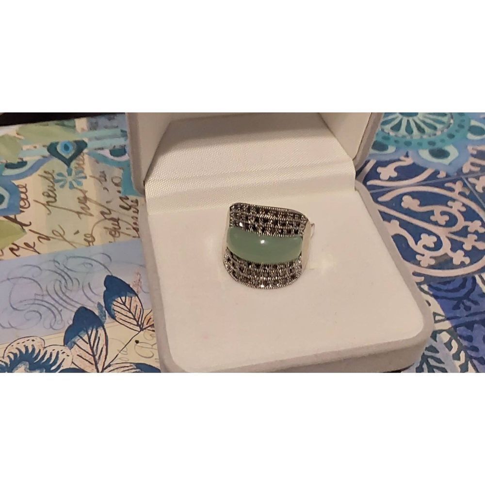 Sparkling Genuine Marcasite & Green Jade Gemstone Wide Band Ring Sz 9