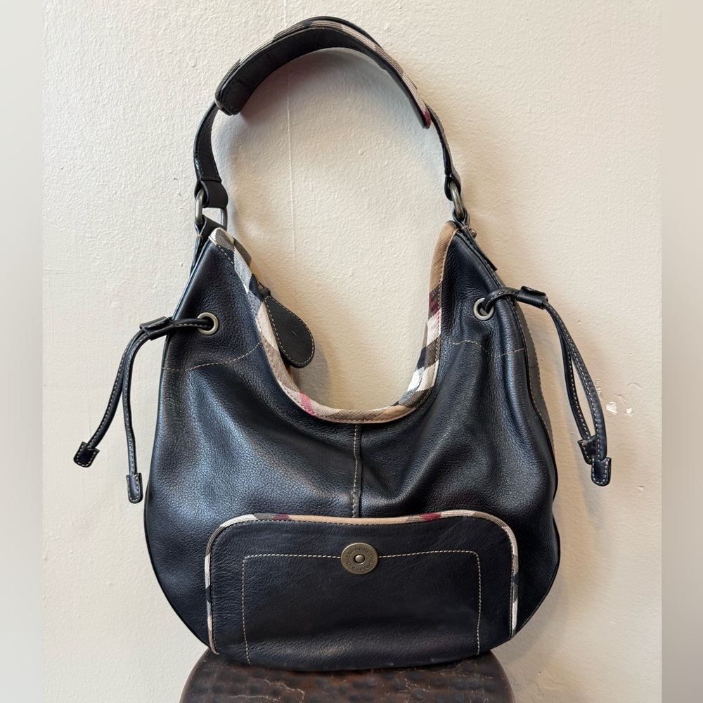 Burberry Brook Black Pebbled Leather Shoulder Bag Nova Check Trim