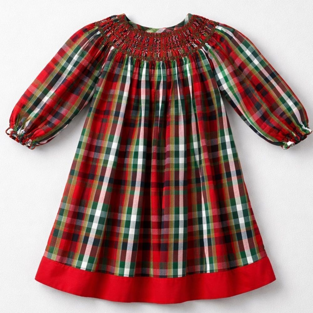 Pleats & Stitches long sleeve red and green plaid hand-made smocked bishop dress