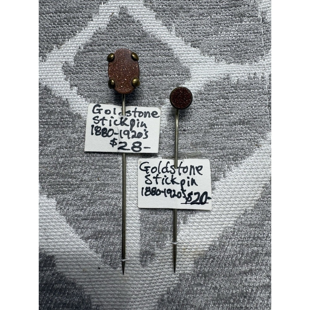 Vintage‎ Antique POLISHED GOLDSTONE Stick Pin Brass Lot Of 2