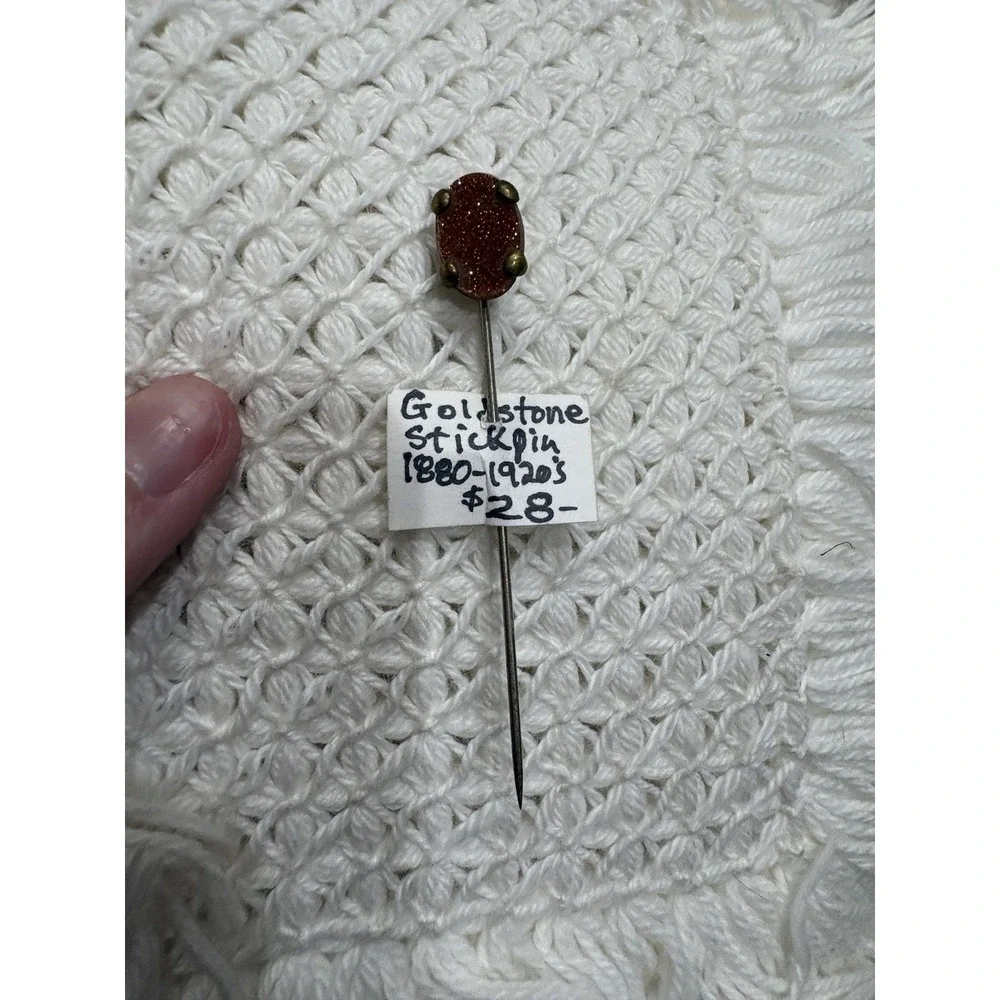 Vintage Antique POLISHED GOLDSTONE Stick Pin Brass Lot Of 2 - Picture 7 of 10