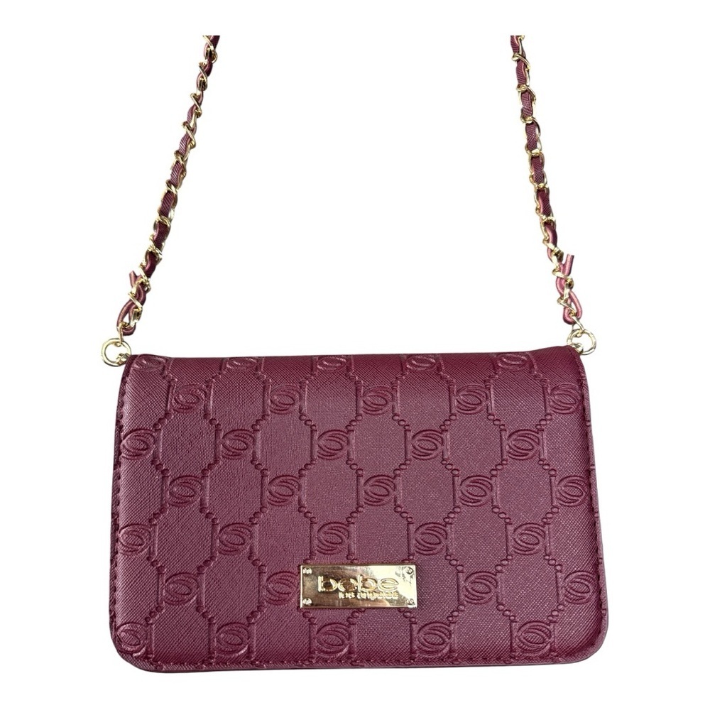 Guess Embossed Burgundy Crossbody Bag with Gold Chain - Picture 2 of 5