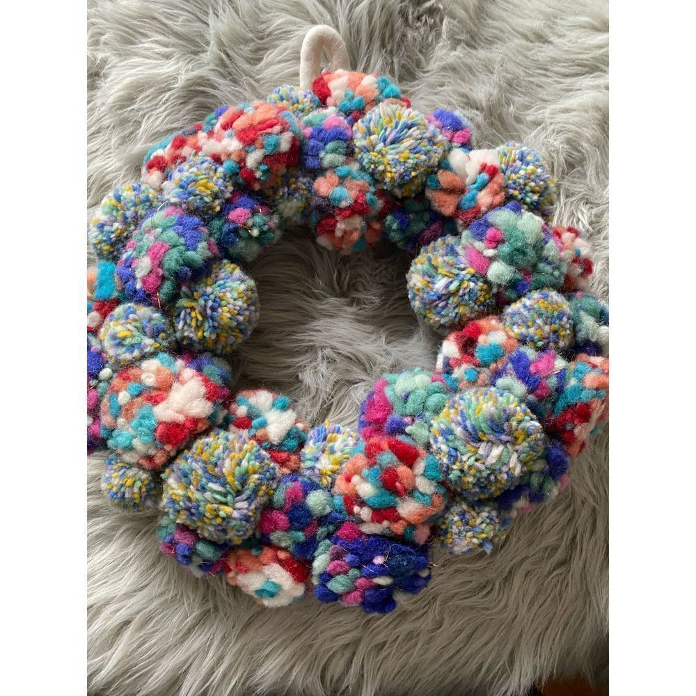 17" Anthropologie Merry Making Pompom Bonanza Wreath Multicolor Copper Tinsel