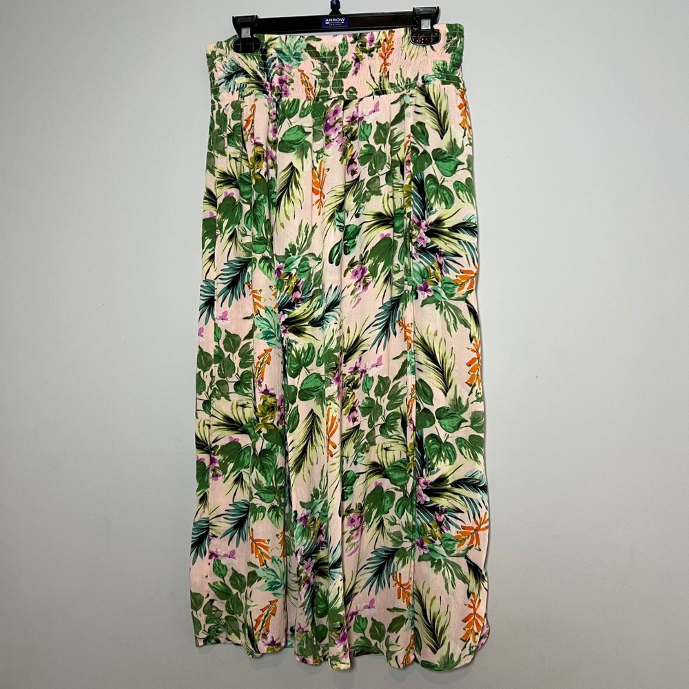 Kona Sol Womens Medium Tropical Floral Smocked Waist Skirt Slit Beach Resort