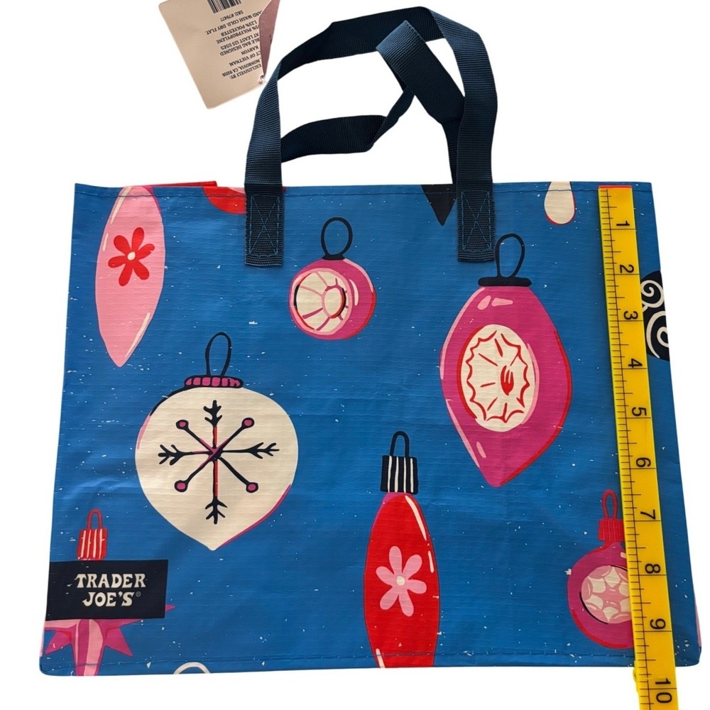 Trader Joes Reusable Gift Bag Holiday 2025 Ornaments Blue‎ Pink Christmas - 2