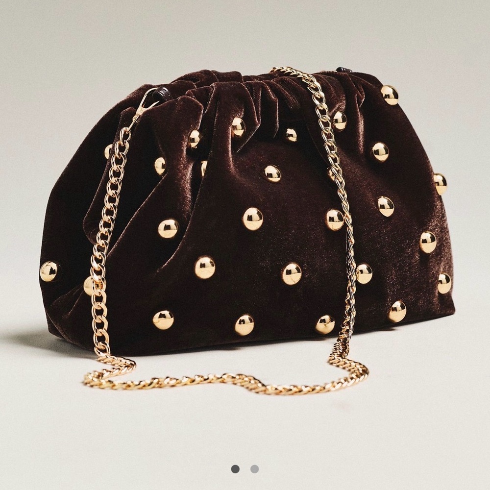NWT new Anthropologie studded Velvet Clutch brown gold Gold crossbody purse bag