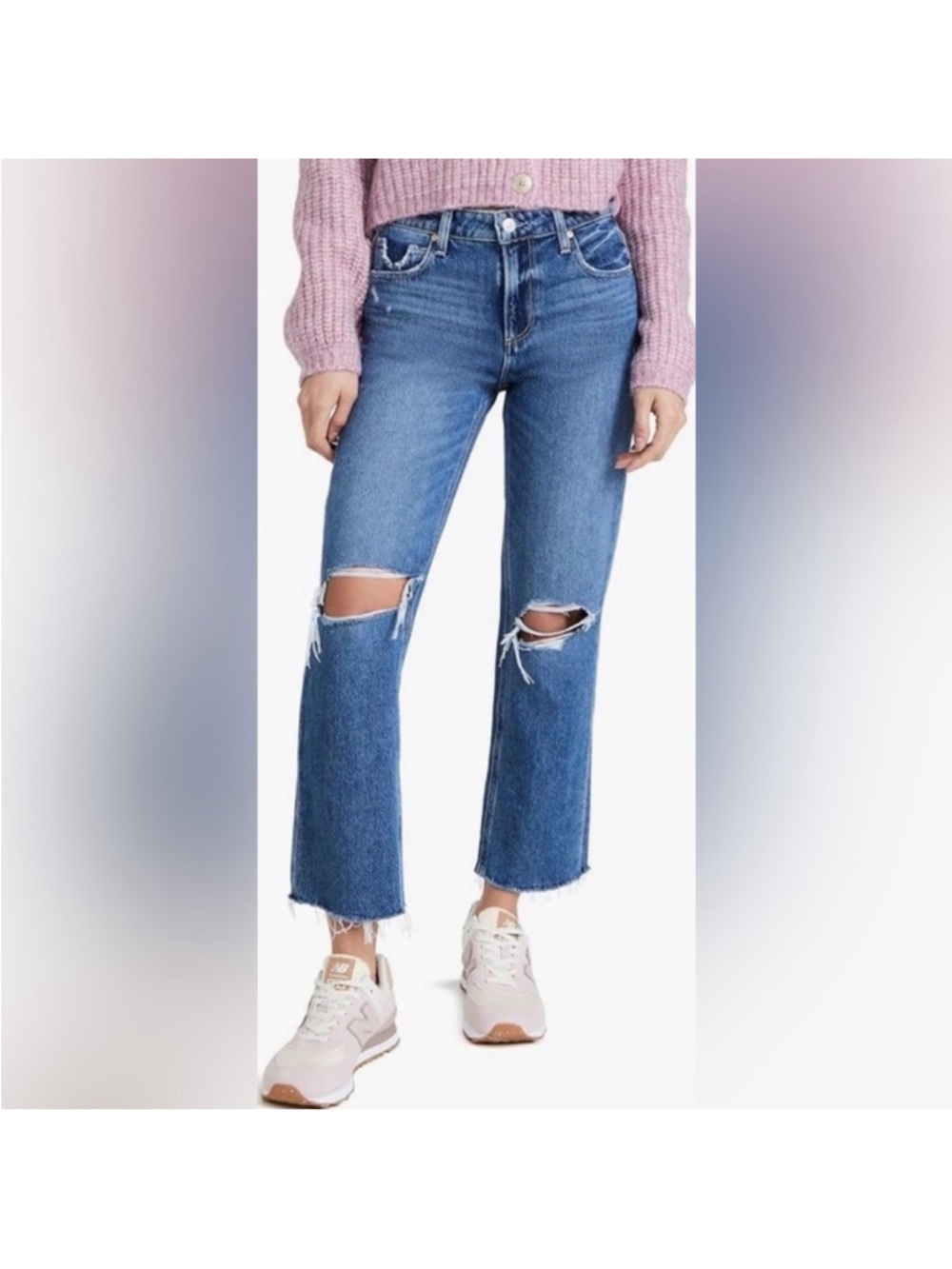PAIGE Noella Jeans Size 32 Distressed Raw Hem Cropped Blue Denim Mid Rise