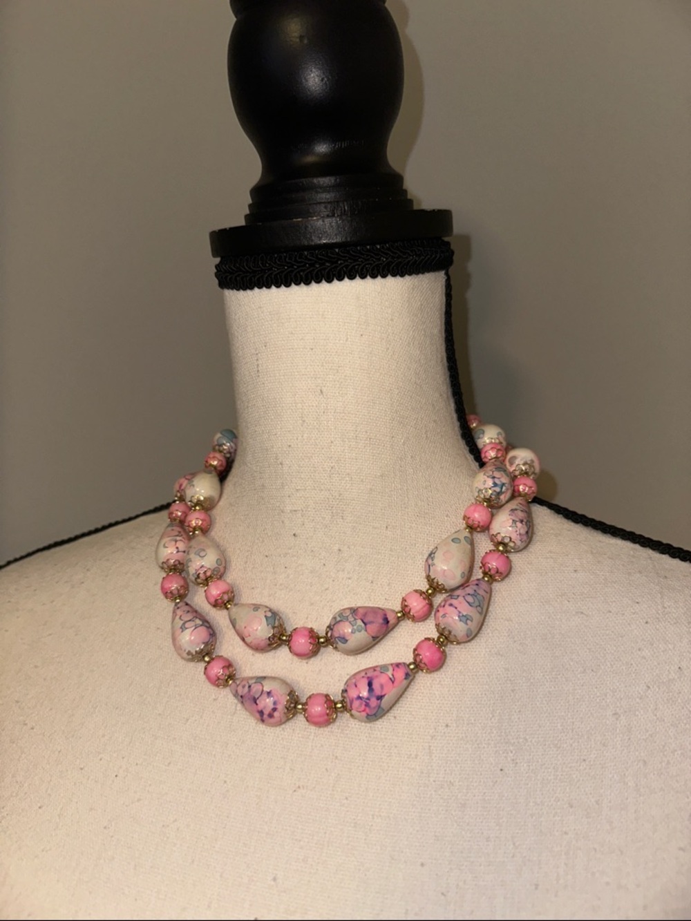 Vintage Pink Confetti Bead Necklace Double Strand Made in Hong Kong Retro