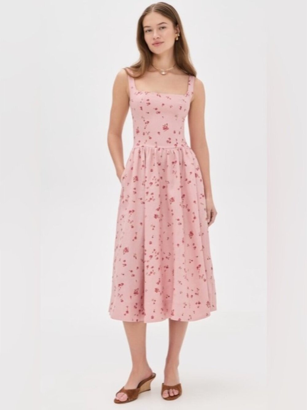 NEW Reformation Janu Midi Linen Dress Noelia Pink Floral | US 0 UK 4