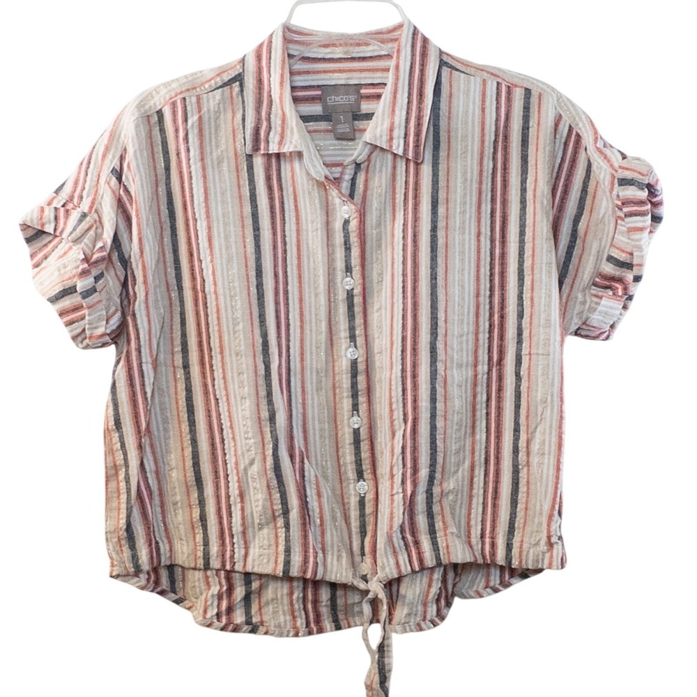 Chicos Striped Tie-Front Button-Down Top Roll Tab Sleeve Blouse