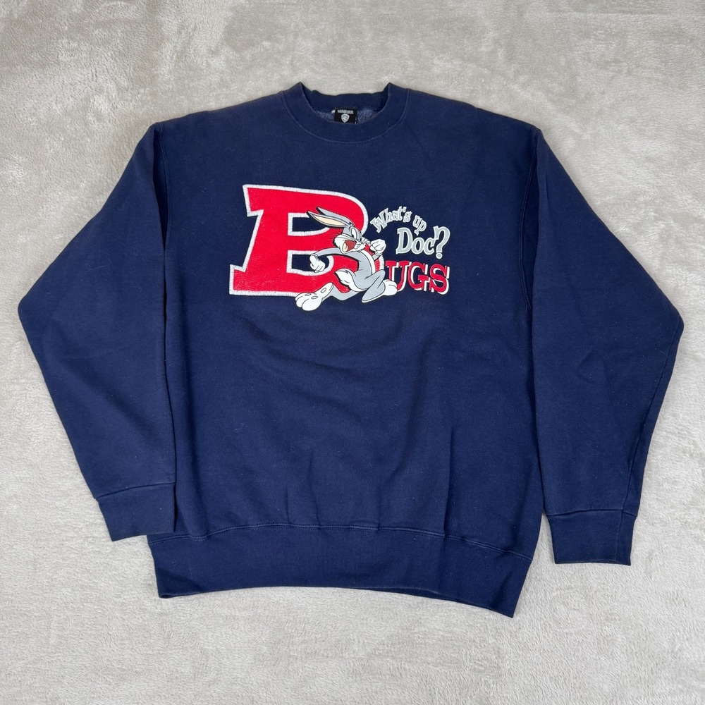 VTG 90s Warner Bros Bugs Bunny Sweatshirt Mens‎ XL Blue Preowned Stain Pullover