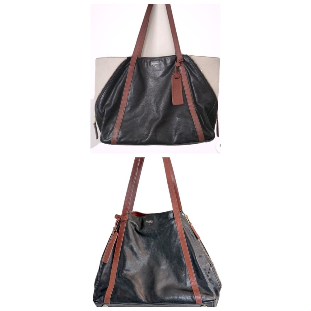 Fossil 2 in One Tote Expandable Black Brown Goat Hide Leather Side Zippers