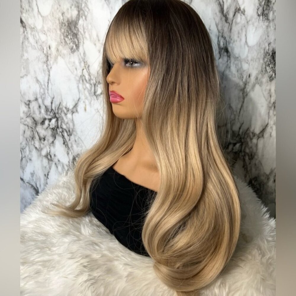 22 Inch Brown Roots Light Blonde Medium Balayage Wig with bangs Natural … - Picture 5 of 8