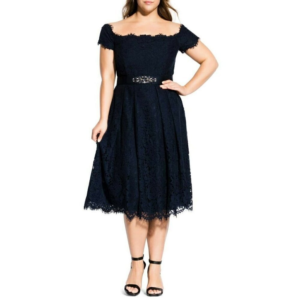 City Chic Off the Shoulder All Over Lace Dreams Dress Size XS/14 Navy NWOT
