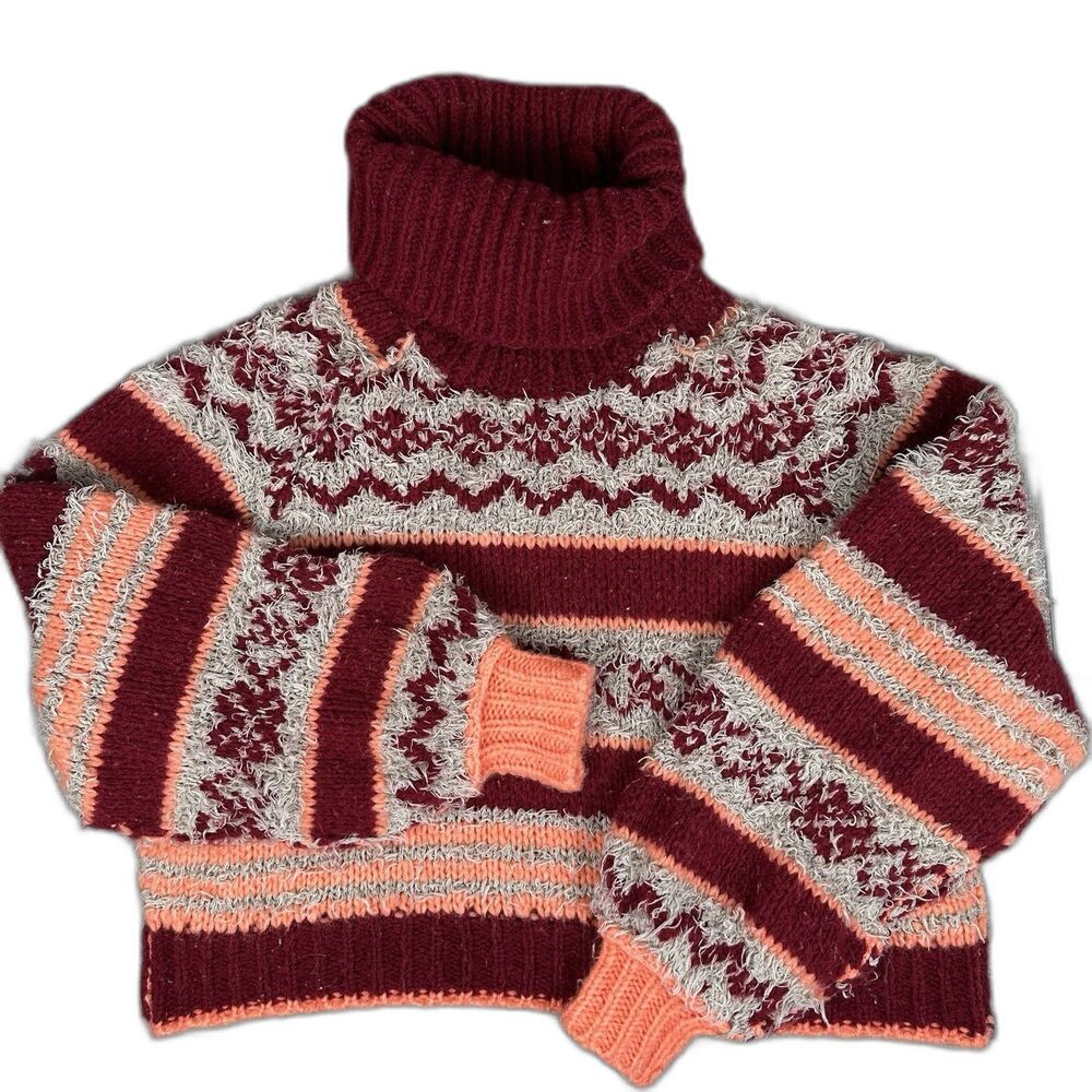 Free People Womens Check Me Out Pullover S Striped Chunky Knit Cotton Sweater