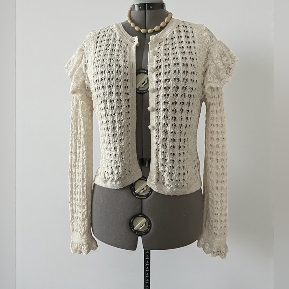 Zara Lace Knit Cardigan Cream Ivory Open Knit Ruffle Sleeve Cropped Sweater L - Picture 3 of 9
