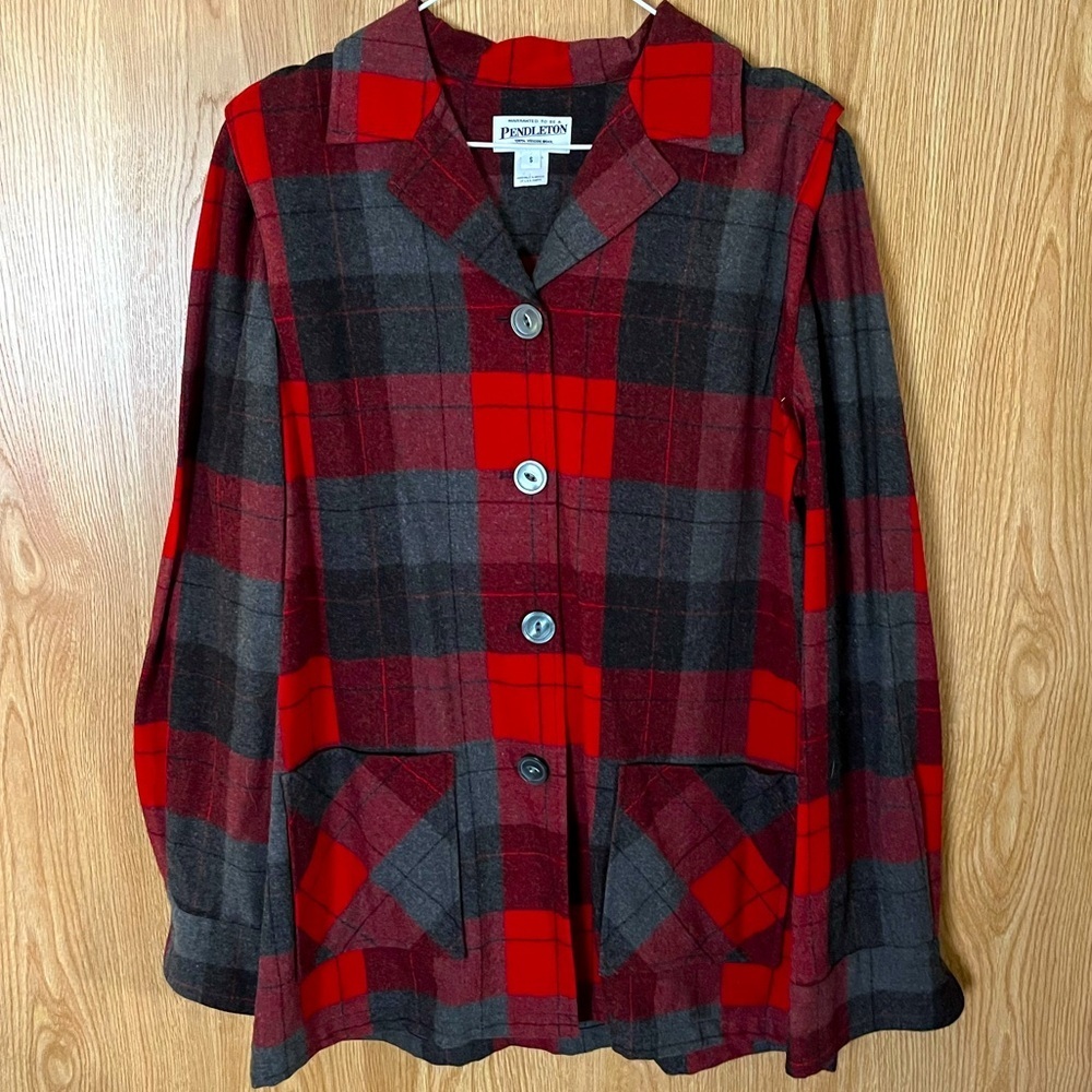 Pendleton Wool Red/ Black Plaid Heavy Button Down Over Shirt Jacket Oversized