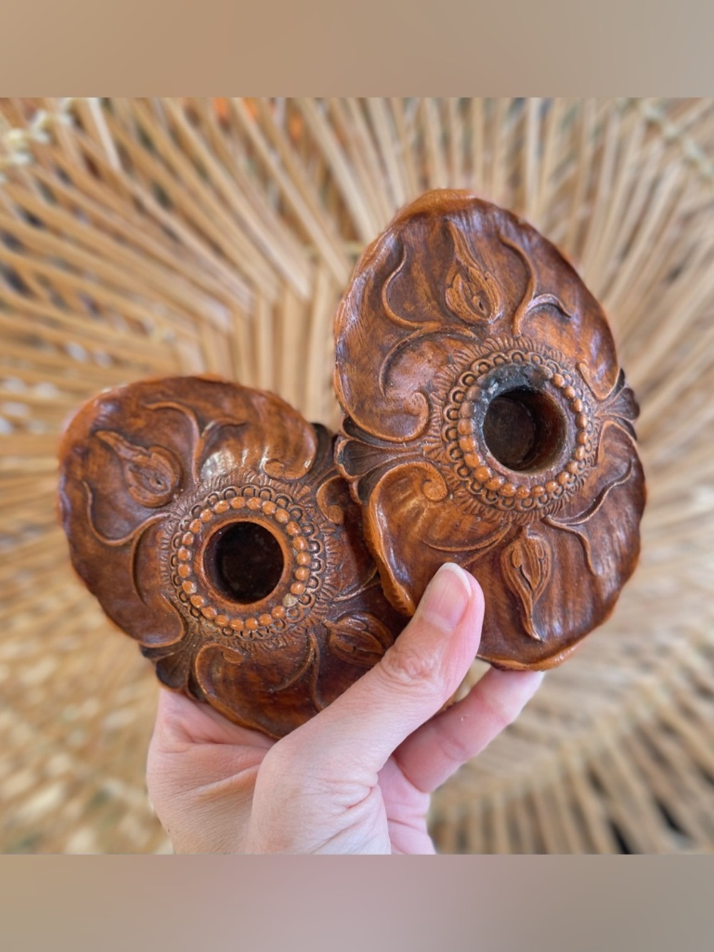 Set of 2 Vintage Carved Faux Wood Resin Boho Cottagecore Taper Candle Holders