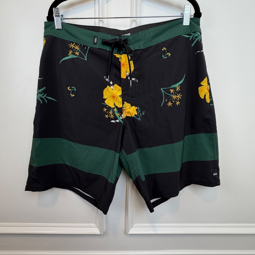 Vans Mens Board Shorts Size 34 Black Green Floral Snake Print Swim Trunks