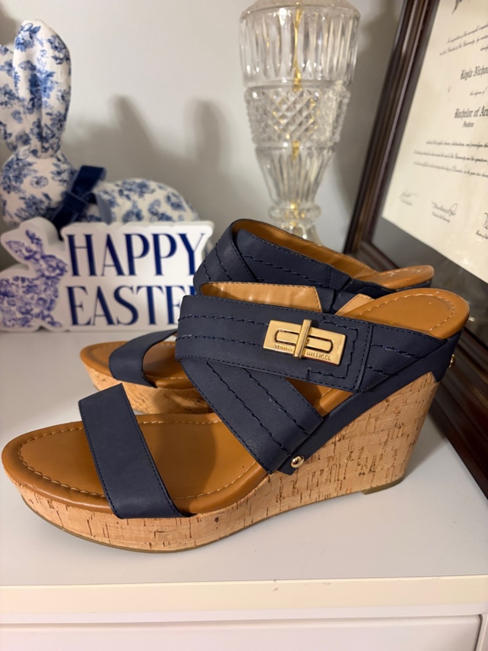 Tommy Hilfiger Navy Cork Wedge Sandals with Gold Accent