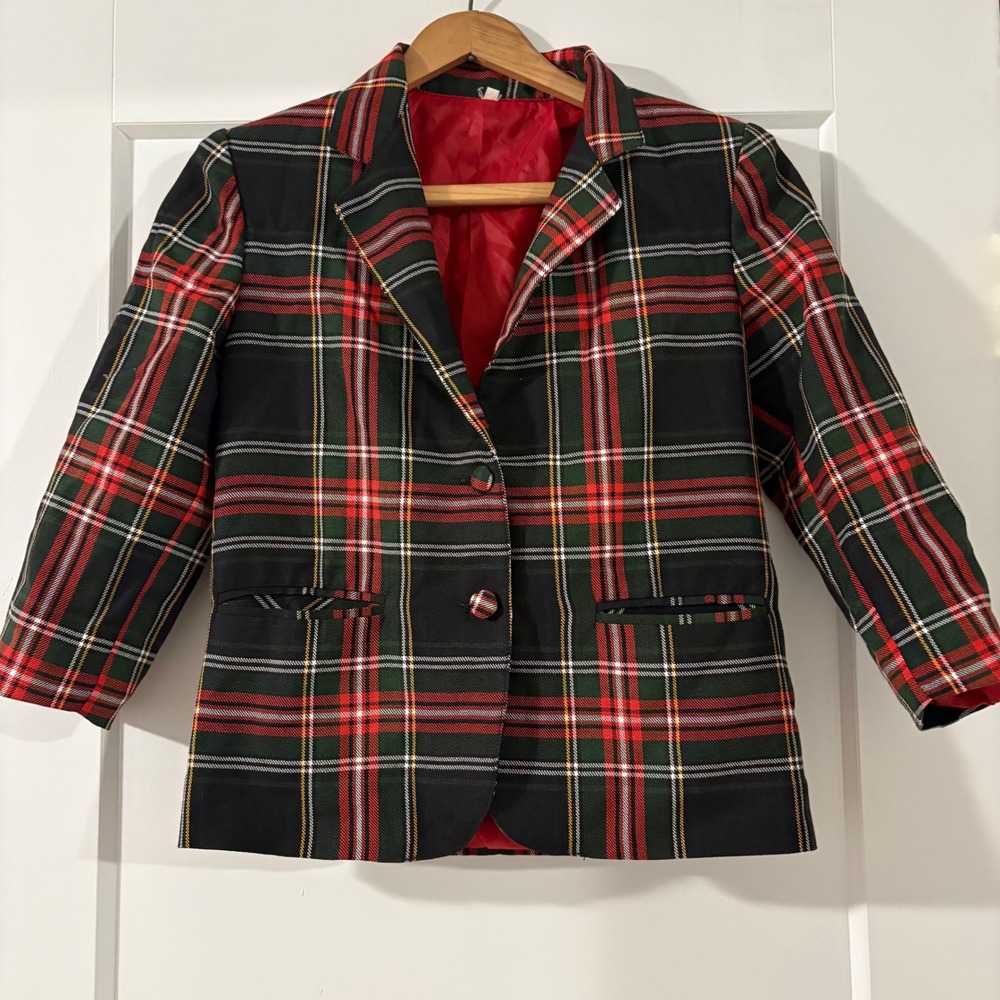 Officina Kids Vintage Plaid Blazer Red Green Tartan Made‎ in Italy Size 32 SM