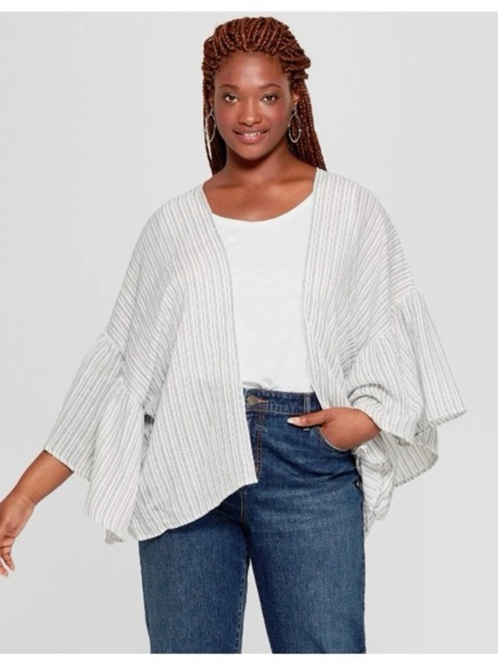 Universal Threads linen Kimono Striped Flounce Sleeve white blue one size