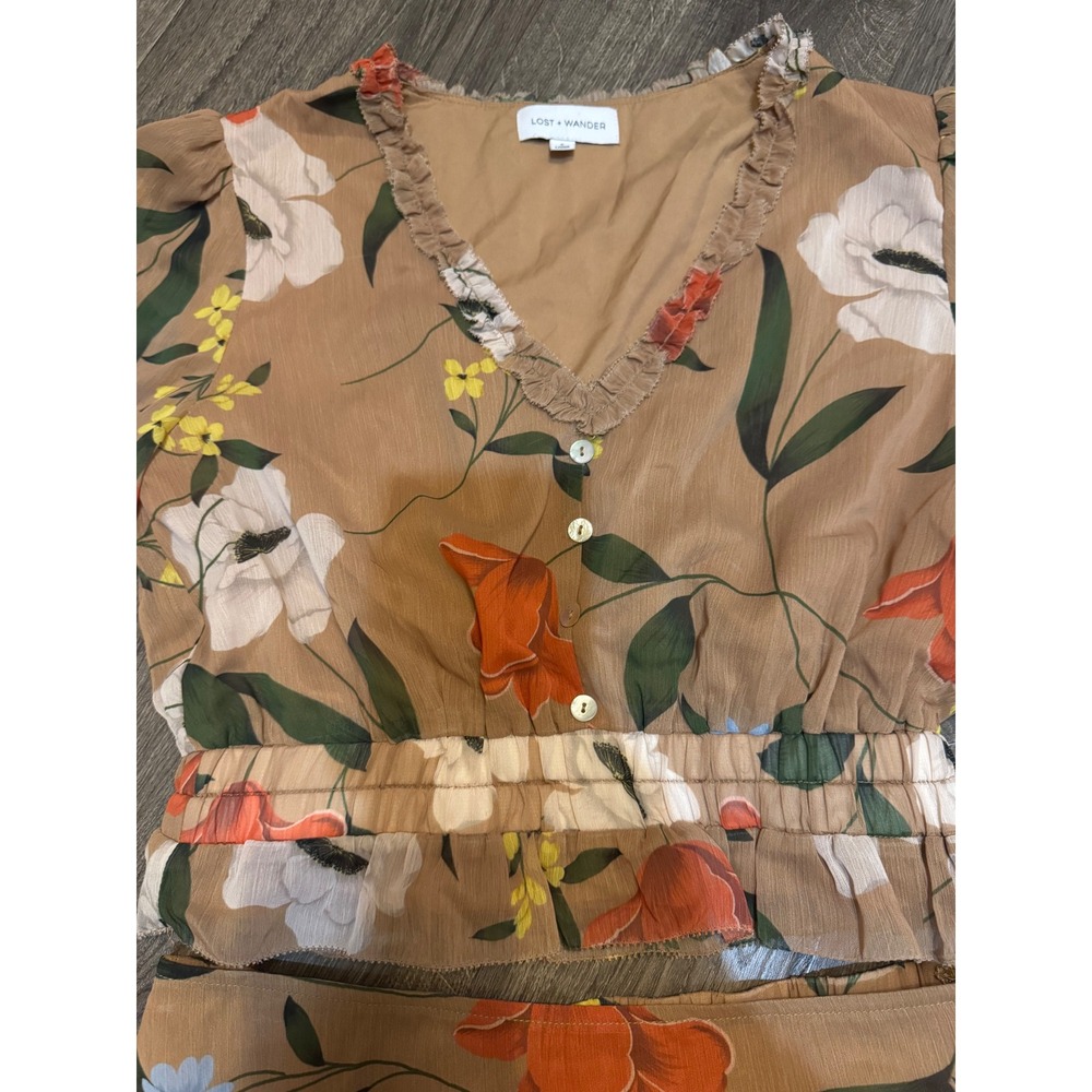 Lost + Wander Floral Print Two-Piece Set Ruffle Trim Long Sleeve Size S‎ NWT