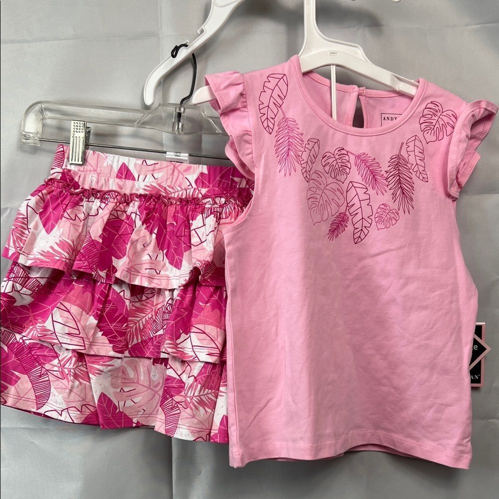 Andy And Evan pink 2-piece ruffle skirt set with shorts underneath pink palm NWT