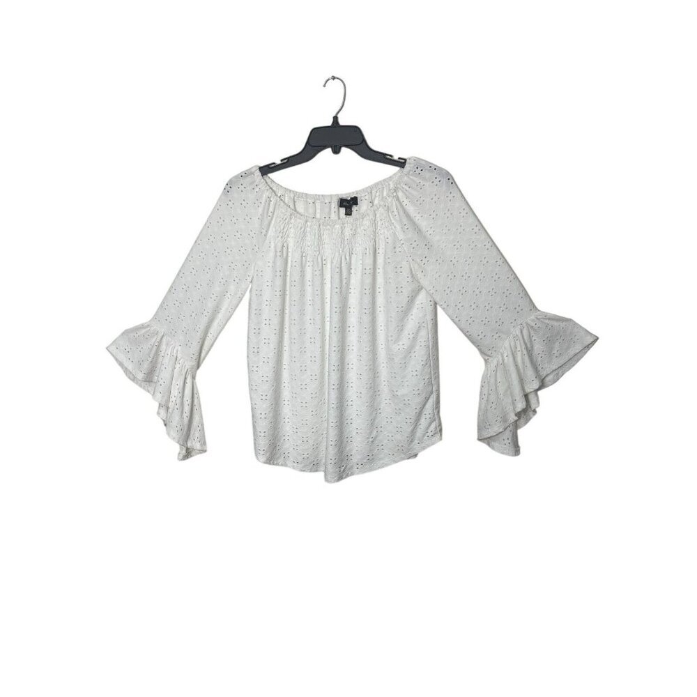 Melissa Paige Ivory Eyelet Top Bell Sleeves On/Off Shoulder Smocking detail