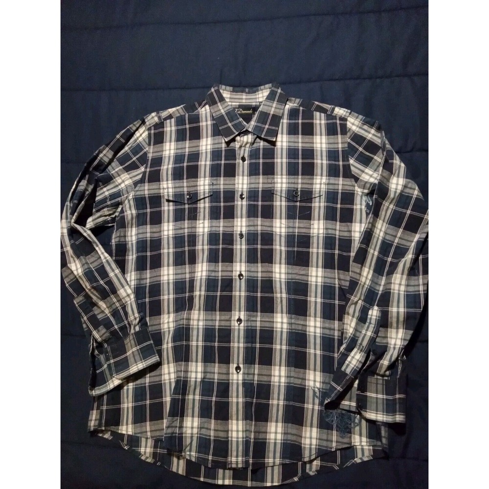 7 Diamonds Button Up Shirt Mens Extra Large‎ XL Blue Plaid Cotton Embroidered M2
