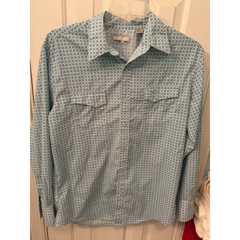 Wrangler Wrancher Men Shirt Size L Turquoise Navy Blue Pearl Snaps