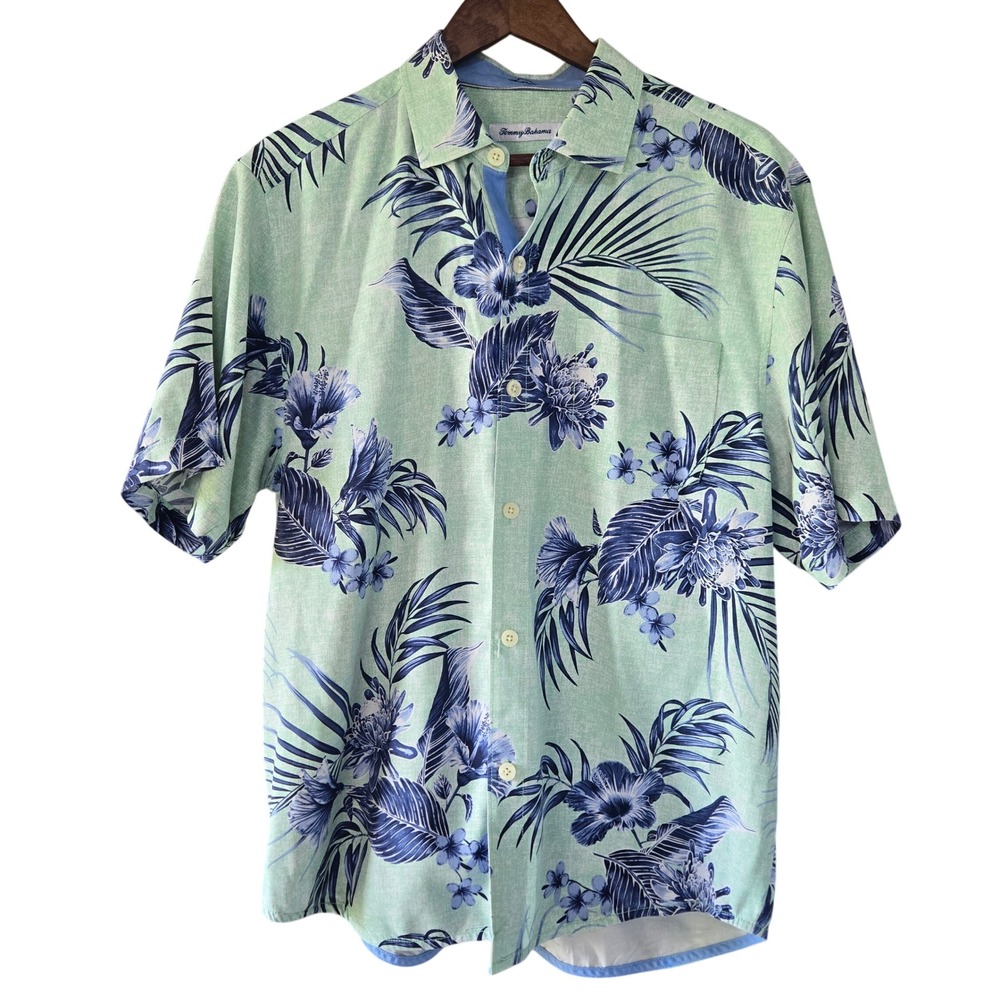 Tommy Bahama Mens Medium Green Blue Tropical Floral Palm Silk Blend Camp Shirt