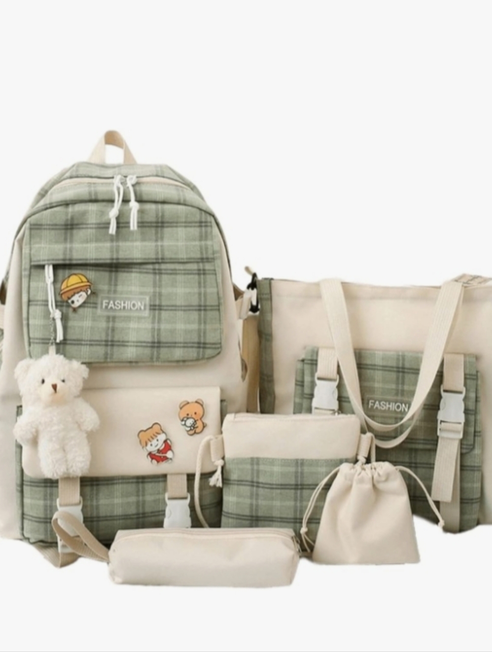 Green Plaid Backpack & Tote Set - Fashion Patch Teddy Bear Keychain Accessories