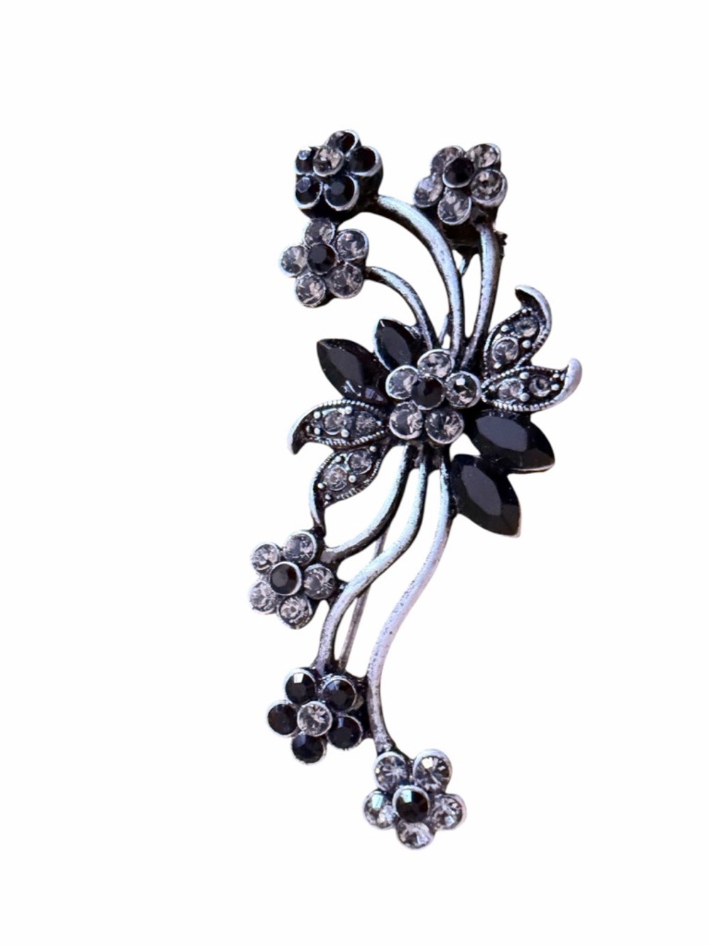 Vintage Floral Silver-Tone Brooch with Black Rhinestones