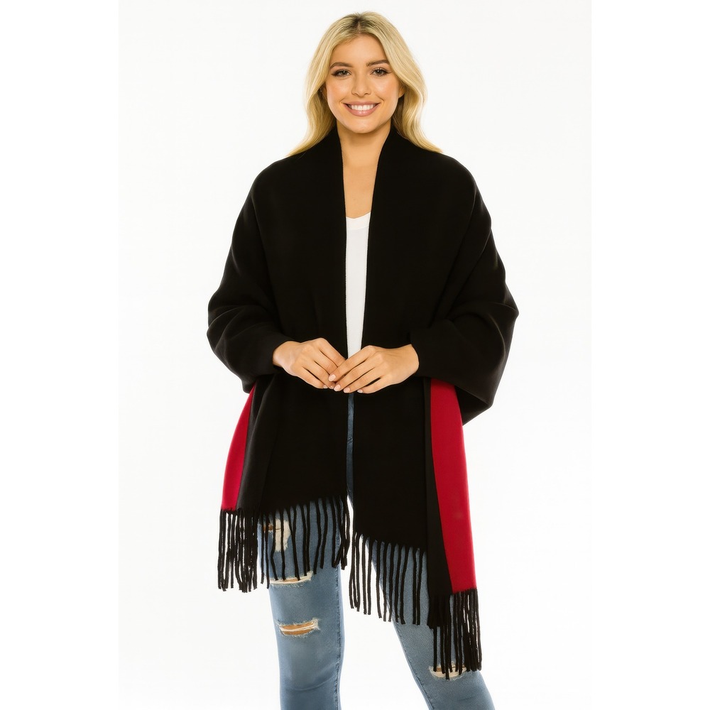 Black Red Trimmed Fringe Wrap Shawl Cardigan Poncho Women One Size‎