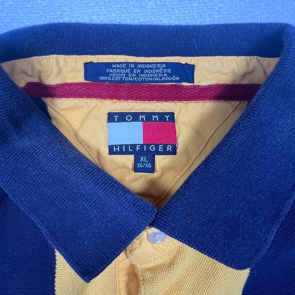 Tommy Hilfiger Polo Shirt Mens XL Yellow Blue Stripe Crest Logo Short Sleeve - Picture 2 of 14
