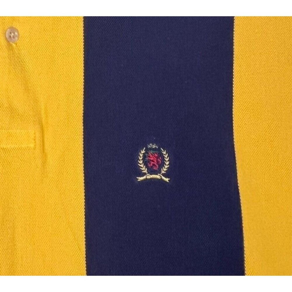 Tommy Hilfiger Polo Shirt Mens XL Yellow Blue Stripe Crest Logo Short Sleeve - Picture 6 of 14