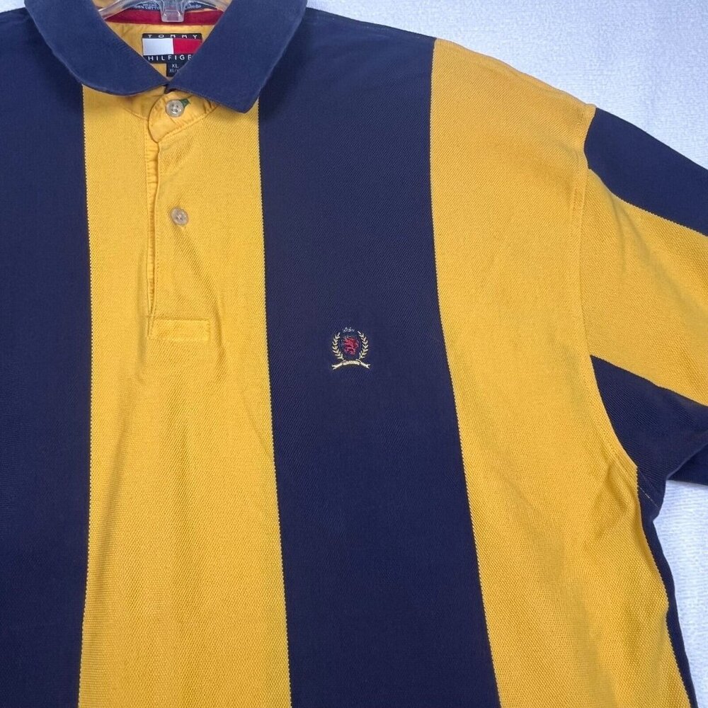 Tommy Hilfiger Polo Shirt Mens XL Yellow Blue Stripe Crest Logo Short Sleeve - Picture 7 of 14