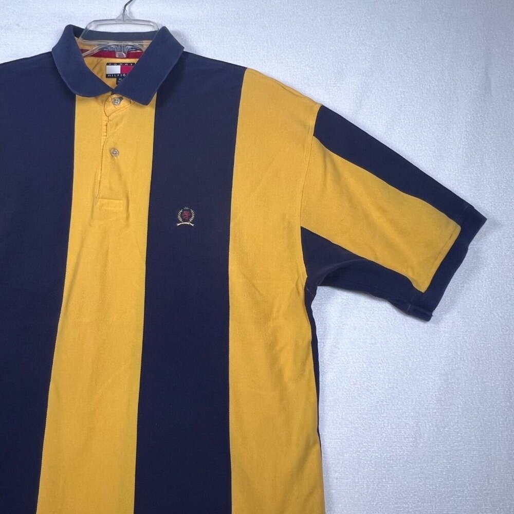 Tommy Hilfiger Polo Shirt Mens XL Yellow Blue Stripe Crest Logo Short Sleeve - Picture 9 of 14