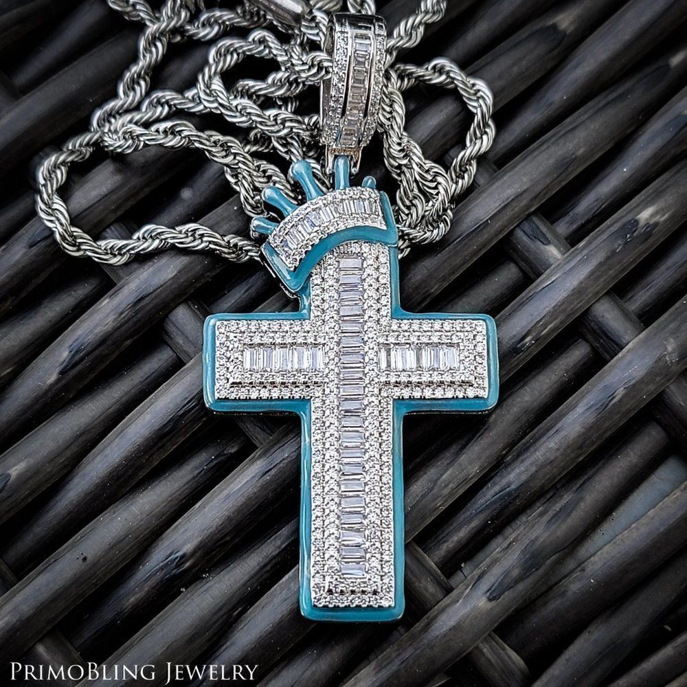 Blue Baguette Crowned Cross Necklace - Picture 2 of 3