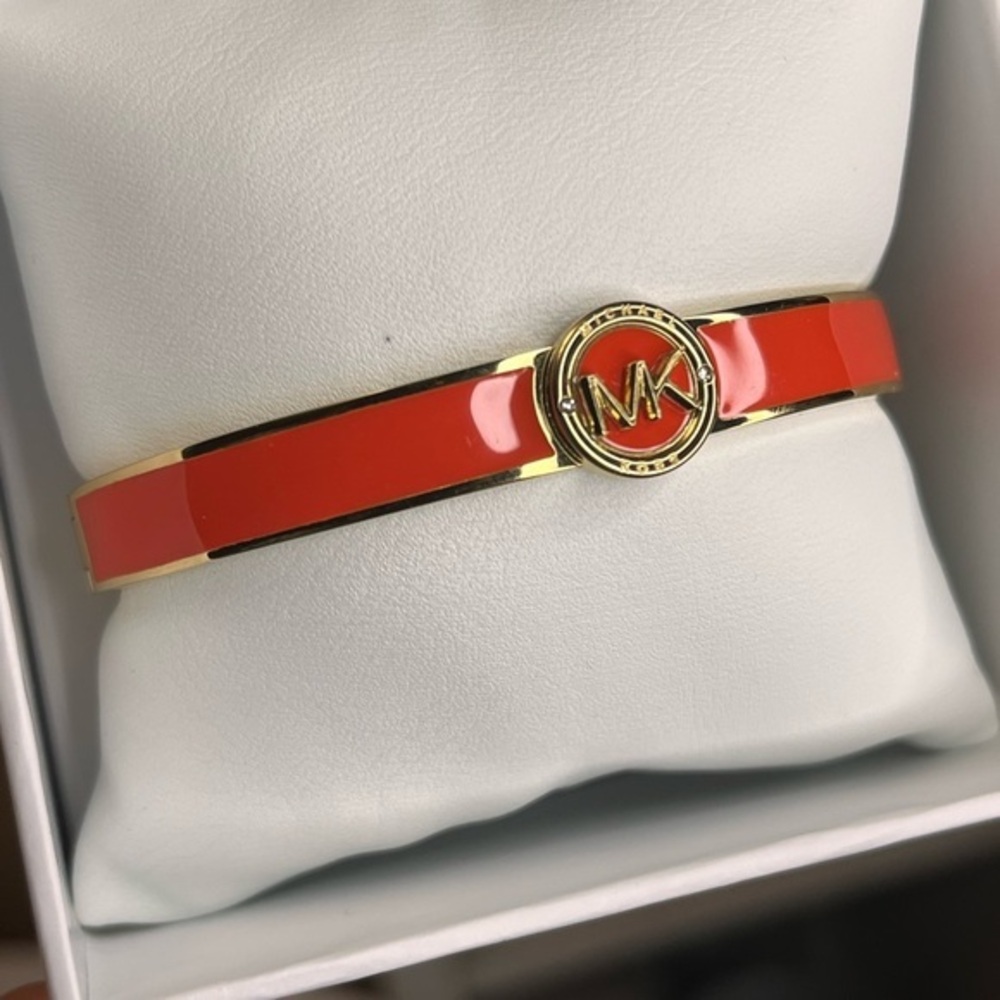 Michael Kors Coral Enamel Gold-Tone Hinged Bangle Bracelet MK Logo NWT