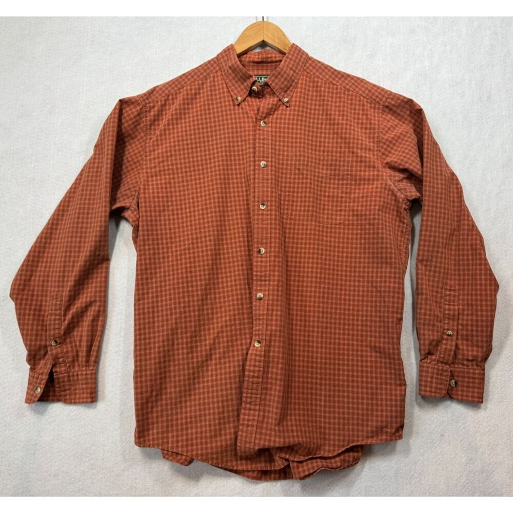 L.L. Bean Long Sleeve Button Down Shirt Orange Check Casual Men's Size Large L
