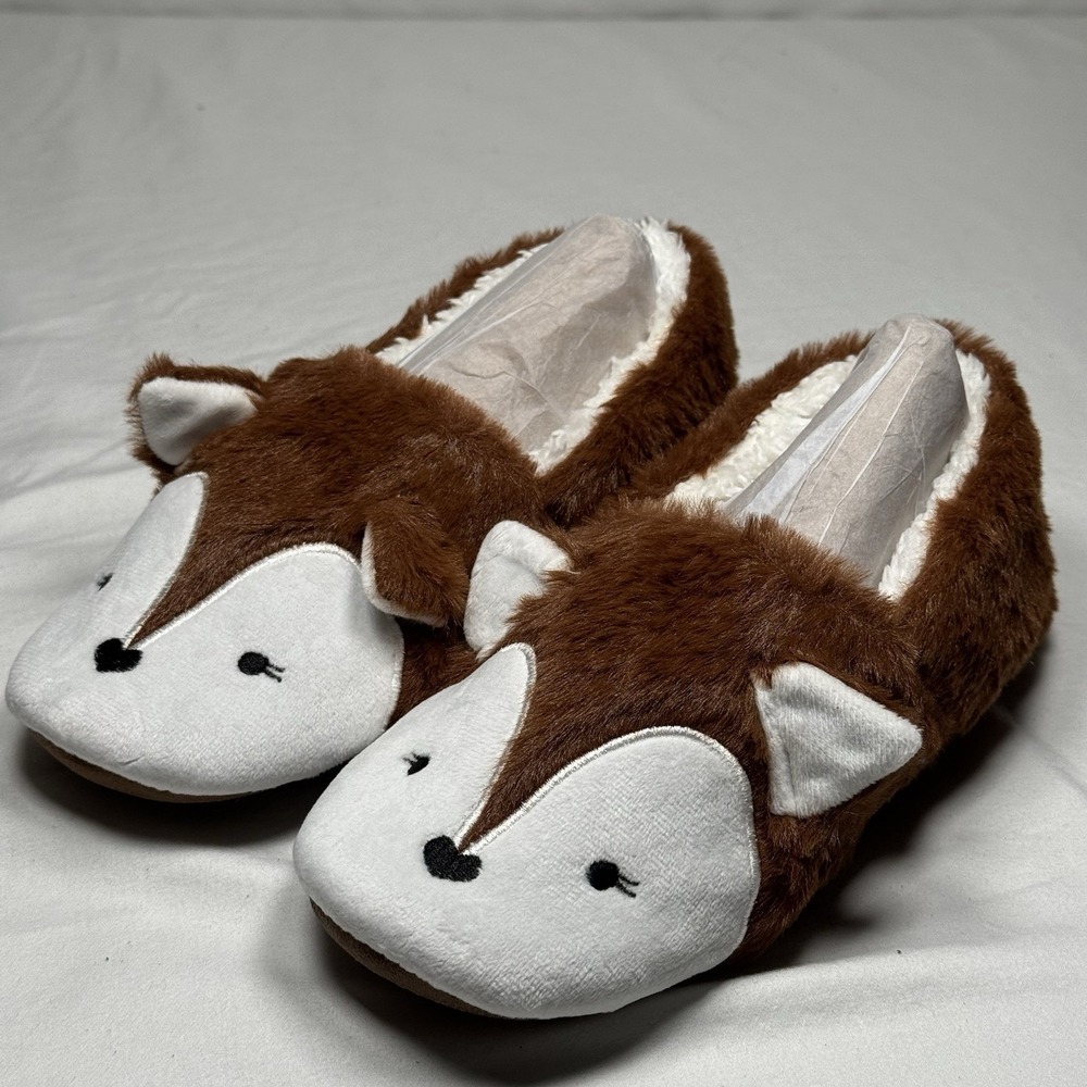 Women's Fox Slippers Brown Plush Cozy Indoor House Shoes Size 6