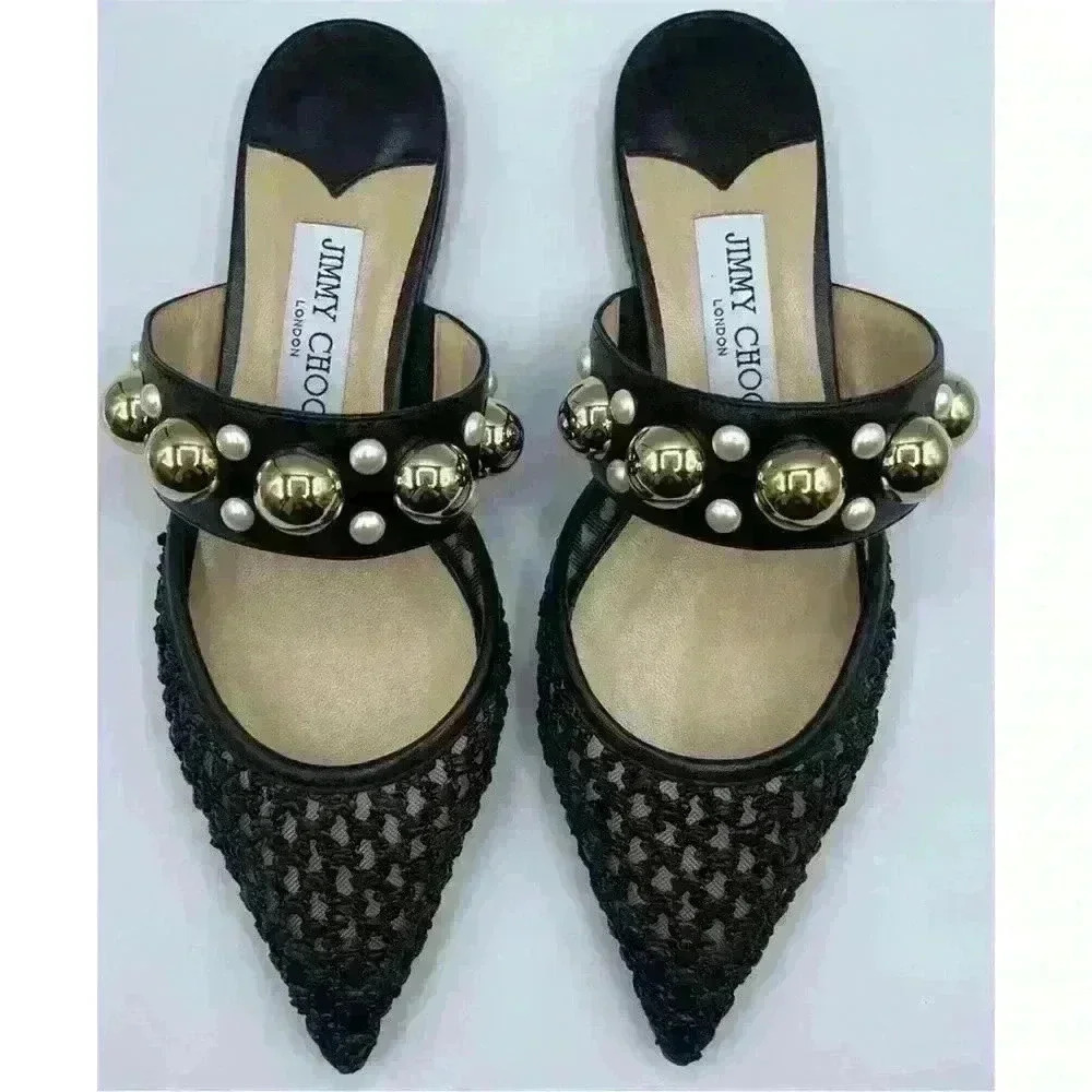 Jimmy Choo Black Basette Raffia Pearl Embellished Flat Mules Size 37.5 - Picture 3 of 8