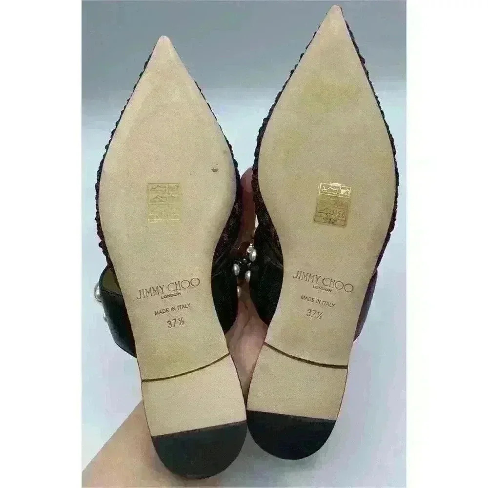 Jimmy Choo Black Basette Raffia Pearl Embellished Flat Mules Size 37.5 - Picture 8 of 8