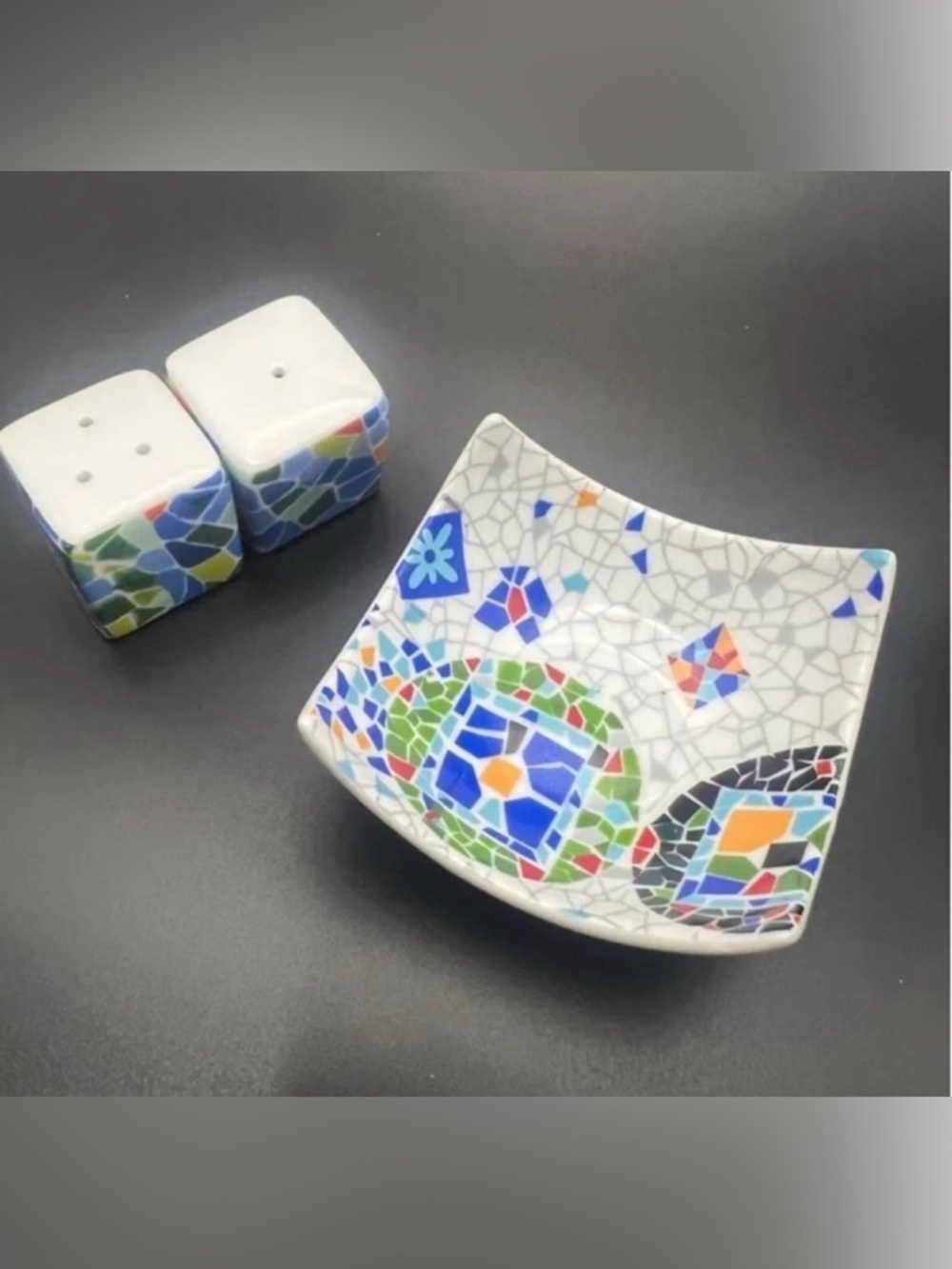 Gaudi Mosaic Salt & Pepper Shakers with Matching Trinket Dish – Barcelona