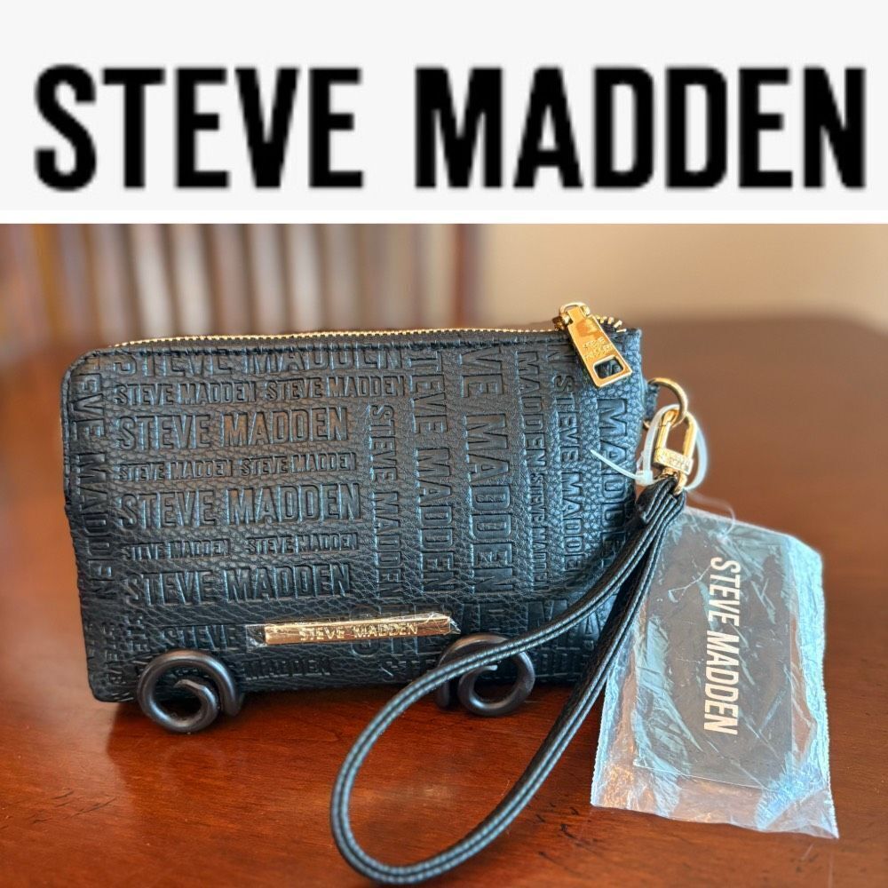 STEVE MADDEN - NWT "Btrell" Double-Zip Black Faux Leather Monogram Wristlet