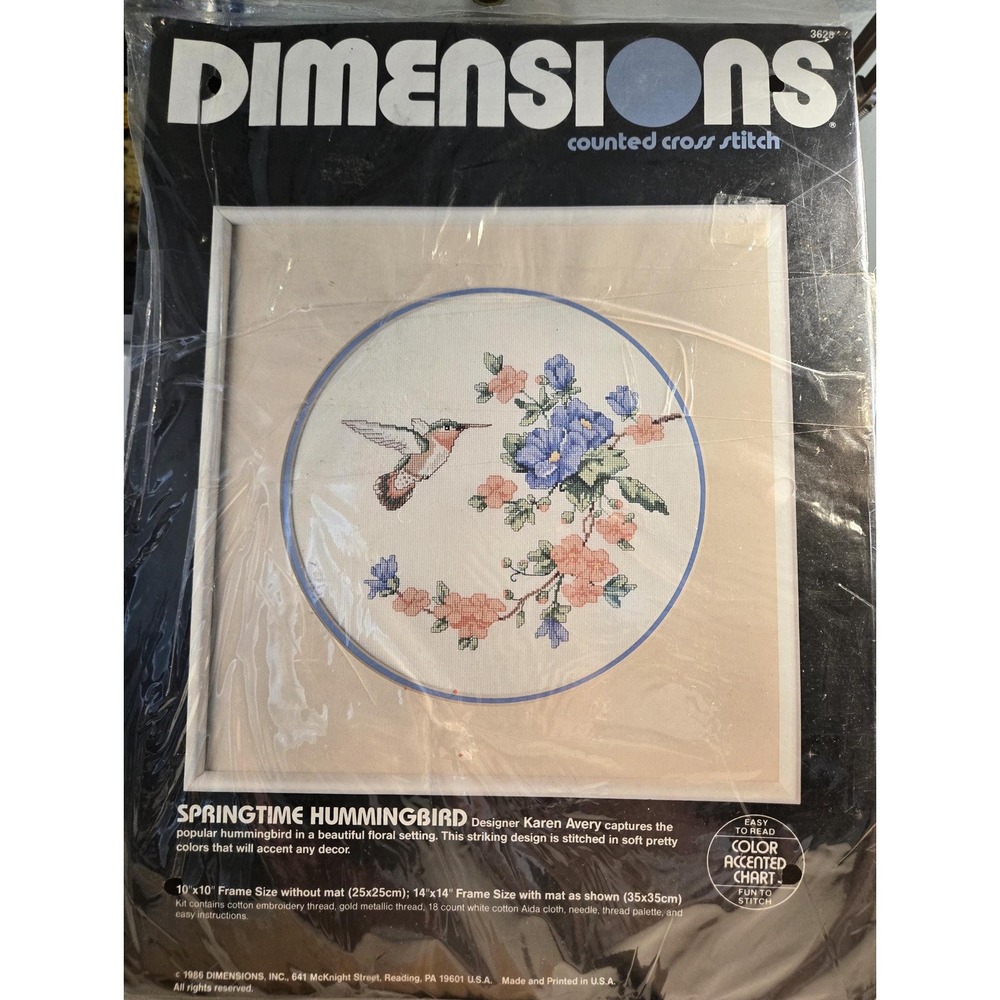 Vintage 1986 Dimensions counted cross stitch kit - Springtime Hummingbird