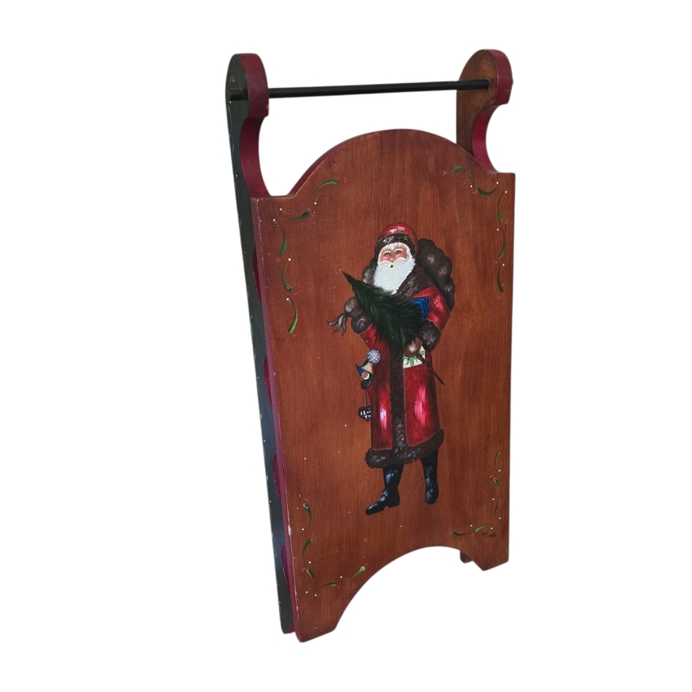 Christmas Wooden Sleigh   Handpainted Folk Art W/Santa. ‎ 26" Tall