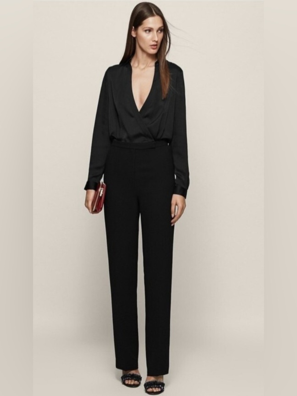 Reiss Imie Black Wrap Front Jumpsuit Plunge Neck Tailored 4 Elegant Minimalist